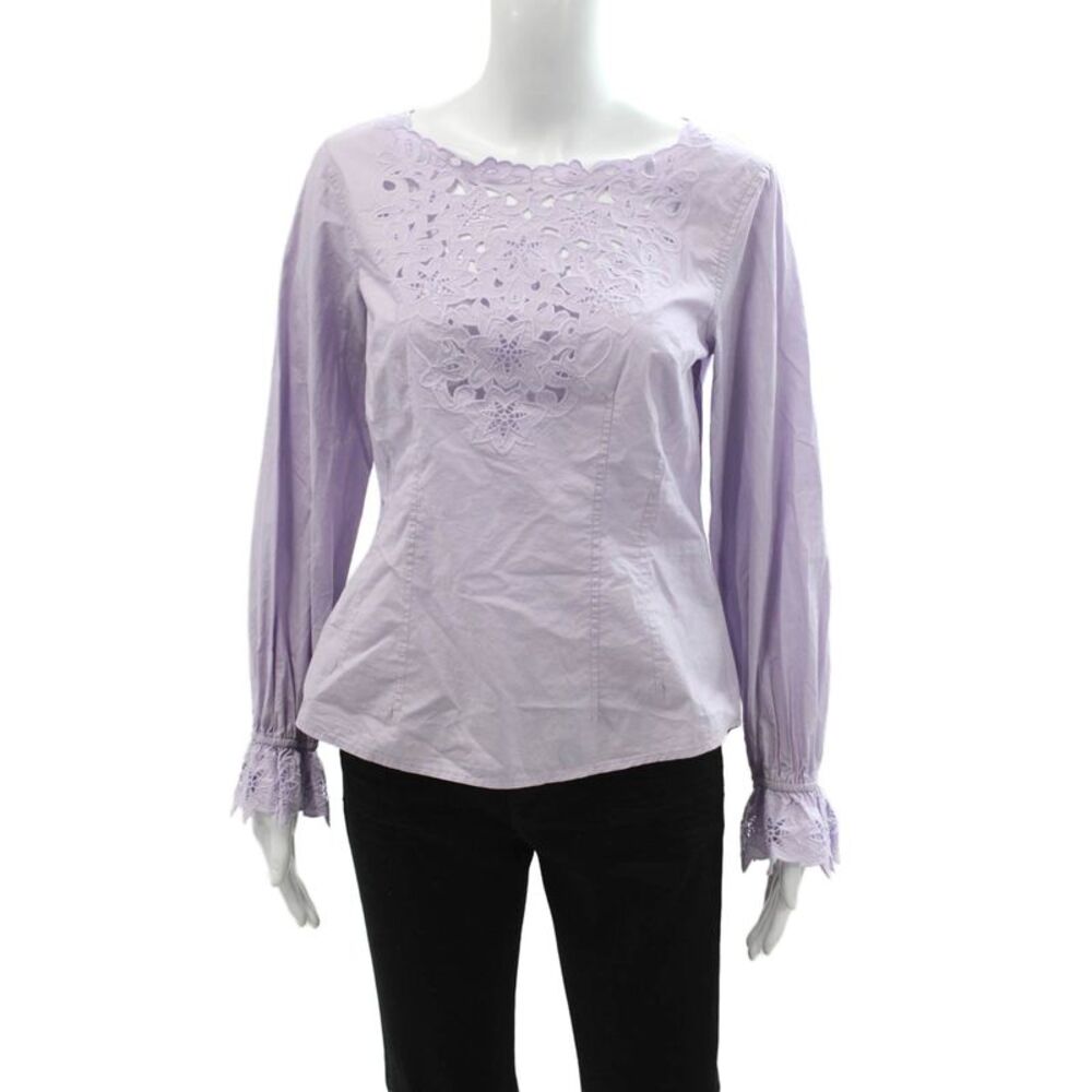 La Vie Women Bohemian Purple Cotton Button Up Blouse Long Sleeve Neck Size M